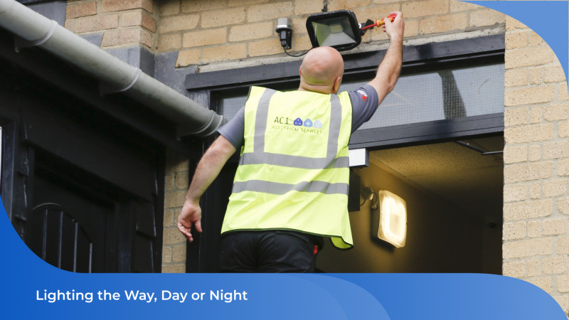 Electrician installing outdoor security lighting at a property in Essex.